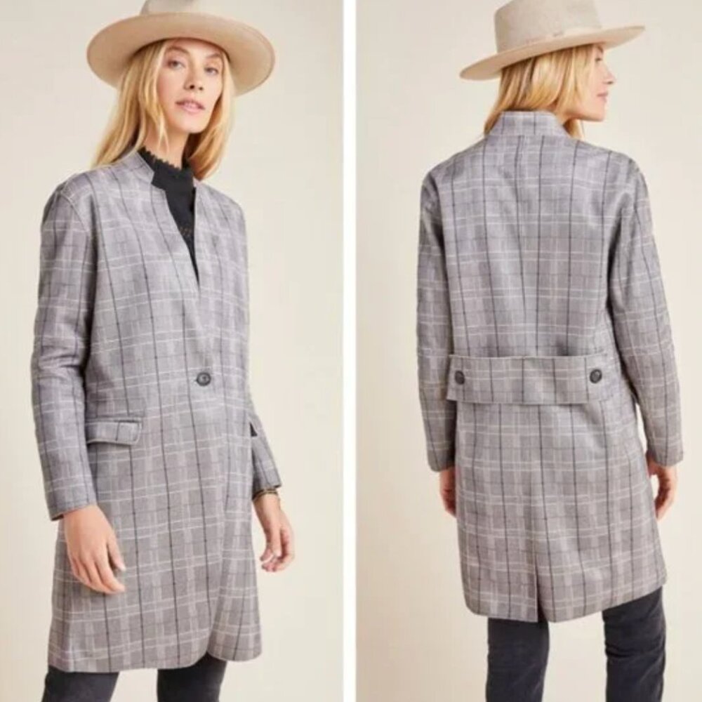Blank NYC Gray Plaid Long Collarless Coat